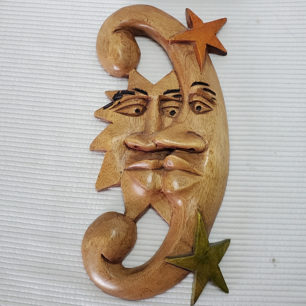 Celestial Wooden Sun Moon Stars Kissing Wall Decor 14"x7" Vintage Handmade 3D